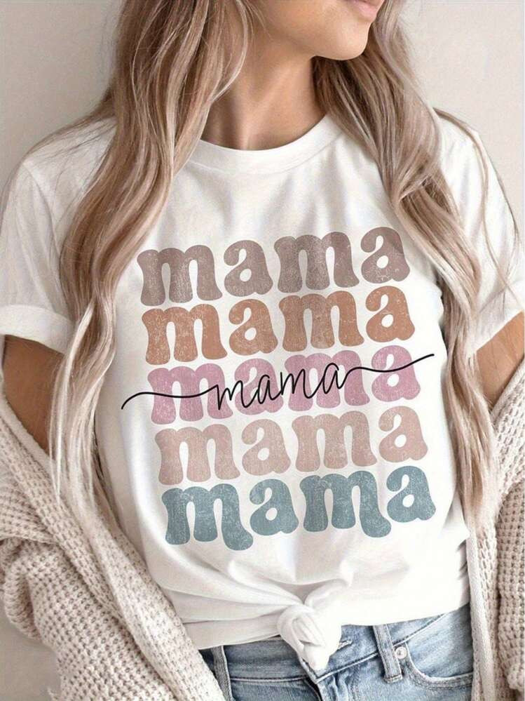 Women's Oversized MAMA Print T-Shirt - Soft Breathable Crew Neck Short Sleeve Tee With White Lett... | SHEIN