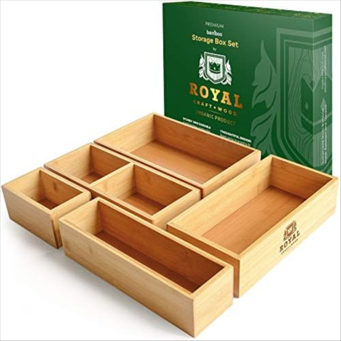 Click for more info about Bamboo Drawer Organizer Storage Box / Bin Set - Multi-Use Drawer Organizer for Kitchen, Bathroom,...