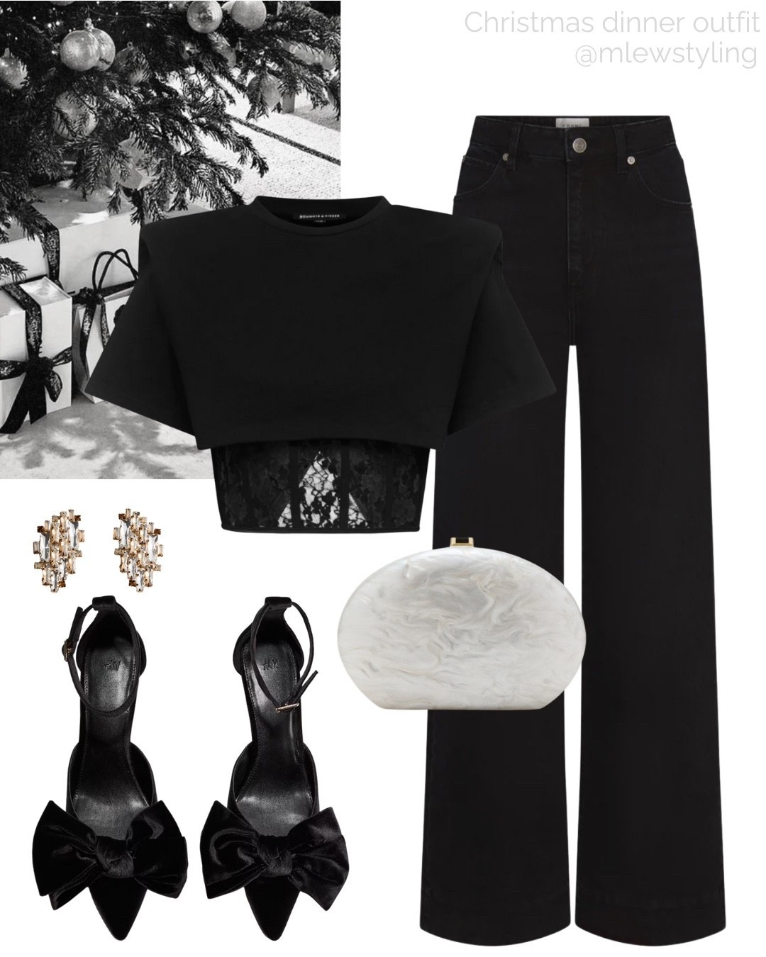 What to wear for a chic Christmas dinner 🖤

Tags: holiday party outfit, bow heels, pearl clutch, black jeans, frame denim, statement earrings, black going out top, thanksgiving dinner look, neutral aesthetic, date night 

#LTKParties #LTKShoeCrush #LTKHoliday