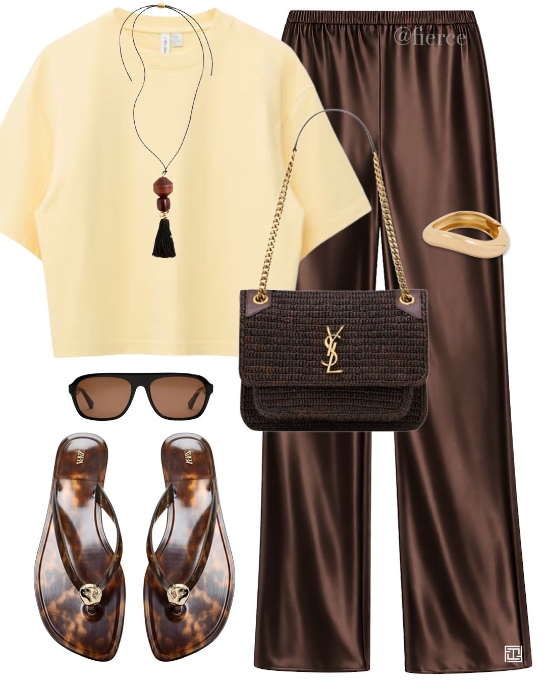 Chocolate brown satin pants yellow tshirt jelly sandals YSL chocolate raffia bag casual weekend vacation beach holiday outfit

#LTKuk #LTKsummer #LTKtravel