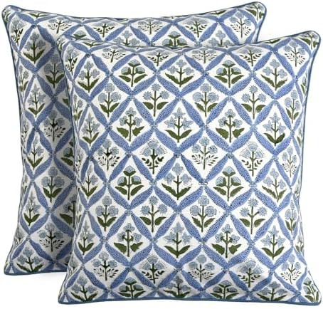 Ridhi Block Print Light Steel Blue Pillow Cover 18" x 18" (Pack of 2) Decorative Couch Pillows fo... | Amazon (US)