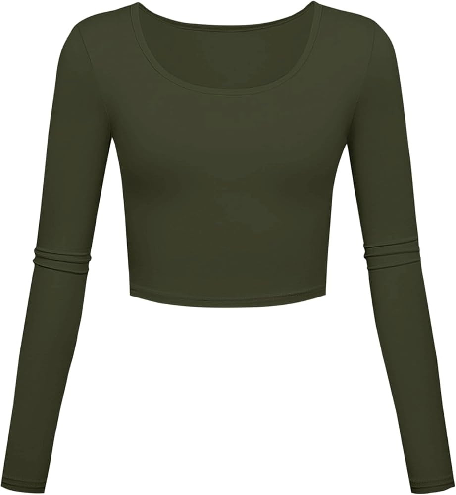 Long Sleeve Crop Tops for Women Workout Basic Clothes Fitted Slim Scoop Neck Cute Yoga Shirts | Amazon (US)