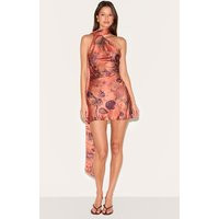 Orange Floral Printed Satin Scarf Detail Bodycon Dress | PrettyLittleThing US