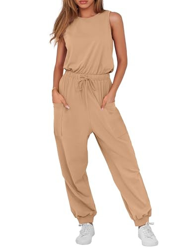 ANRABESS Women's Summer Jumpsuits Dressy Casual One Piece Outfits Sleeveless Crewneck Rompers Jumper with Pockets 2025 Trendy Apricot Large | Amazon (US)