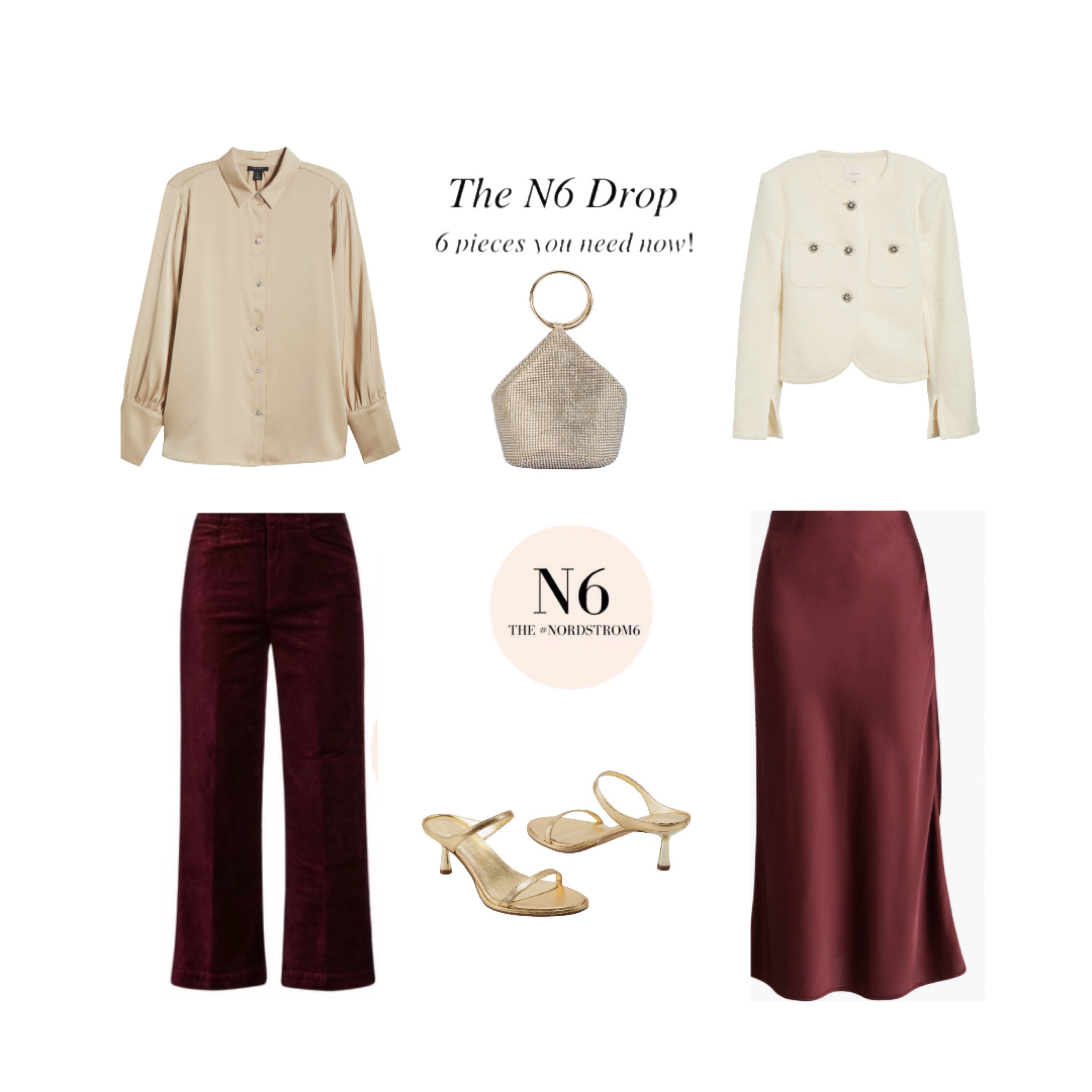The Nordstrom6 Drop-6 pieces you need now! As you start thinking about the holidays, it’s a good idea to have a few party-appropriate outfits at the ready! This blouse has the prettiest sparkly buttons and comes in multiple colors. The velvet pants and slip skirt are a flattering fit in THE shade of the season-burgundy. The lady jacket is a pretty creamy shade of vanilla and will look great dressed up or with your favorite denim. A sparkly bag  is a must for your nights out and the sandals…comfortable and can be worn year-round (available in lots of colors)! 

#LTKStyleTip #LTKHoliday #LTKParties
