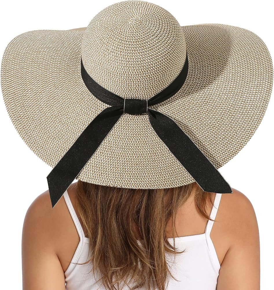 Lanzom Womens Wide Brim Straw Hat Big Floppy Foldable Roll up Cap Beach Sun Hat UPF 50+ | Amazon (US)