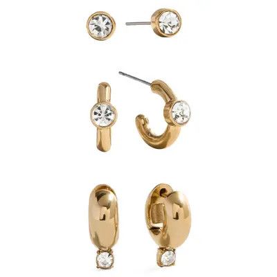 BaubleBar Set of 3 Pairs Huggie Hoop & Stud Earrings in Brass/glass Crystal at Nordstrom | Nordstrom
