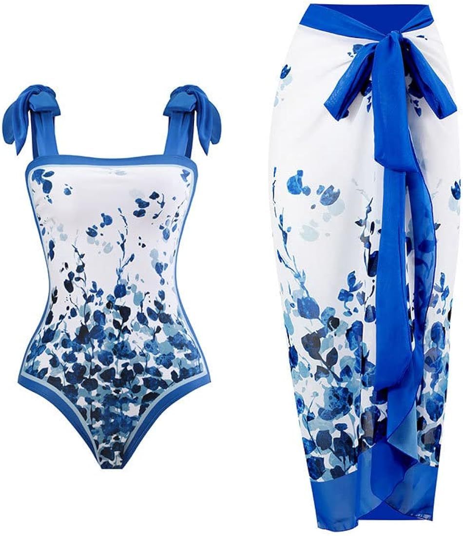 IDOPIP Women's One Piece Swimsuit with Beach Cover up Wrap Skirt Sarong Retro Floral Print Bikini... | Amazon (US)