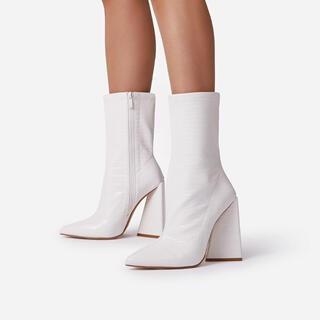 Global Pointed Toe Sculptured Block Heel Ankle Boot In White Croc Print Faux Leather | EGO (UK)