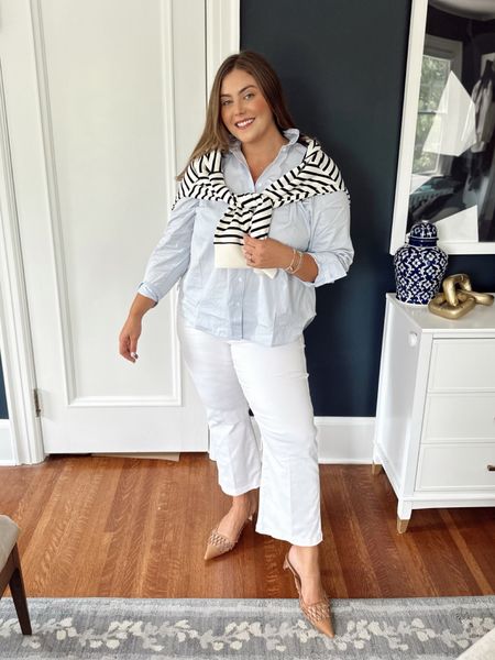 Summer to fall work outfit. Wearing size XL in button down, 1X in jeans & striped sweater. Use CARALYN10 at Spanx. Sharing some similar styles as well! 

#LTKMidsize #LTKStyleTip #LTKWorkwear
