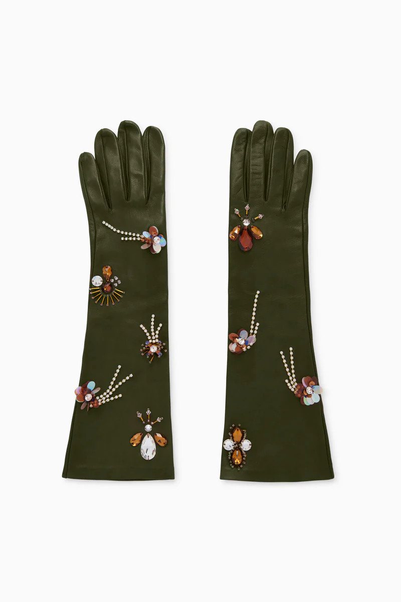 Laetitia Embellished Leather Gloves - Militaire | Ulla Johnson