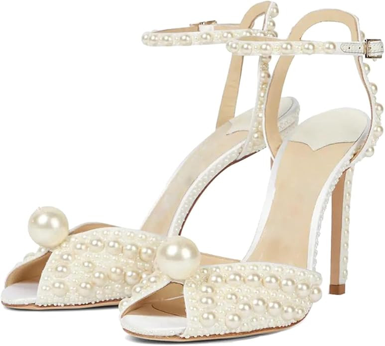 Goolita Womens Peep Toe Stiletto Heeled Sandals Shiny Pearl Buckle Ankle Strap Wedding Pumps Dres... | Amazon (US)