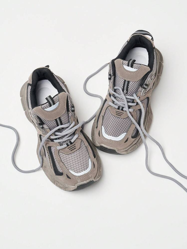 FWH Chunky Retro Platform Sole,Lace-Up Design,90s Dad Shoe Aesthetic,Vintage Mesh Chunky Sneakers,Chunky Platform Sneakers,Chunky Chunky Sneakers With Height Boost,Classic Retro Platform Lace-Up Mesh Sneakers | SHEIN