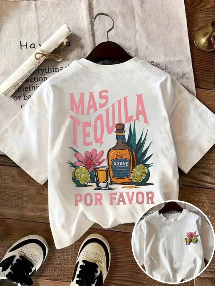 Tequila Cocktail Margarita Glassware Lemon Flower Leaf Letter Print Round Neck Casual Plus Size Women T-Shirt, Spring/Summer | SHEIN