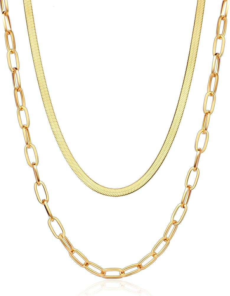 18K Gold Plated Layered Necklaces for Women, Dainty Paperclip Herringbone Link Chain Gold Necklac... | Amazon (US)