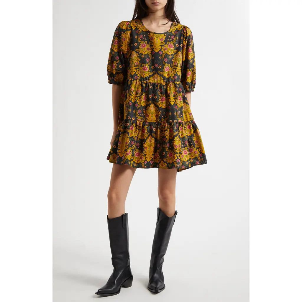 FARM Rio Arabesque Floral Puff Sleeve Cotton Dress in Arabesque Floral Black at Nordstrom, Size X-Small | Nordstrom