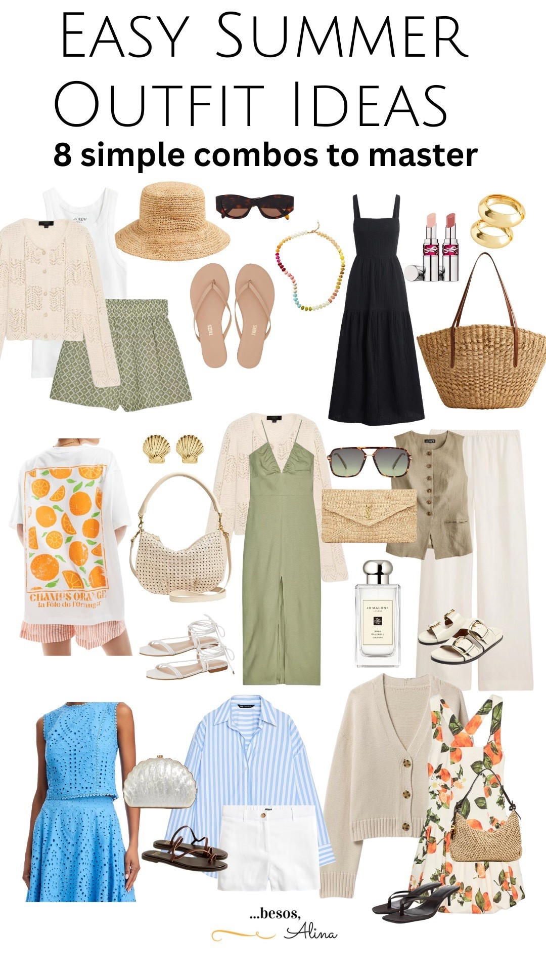 I put together easy outfit formals for stylish and comfortable summer outfit ideas:
1 maxi dress
2. Coordinating  set 
3. Tank top & linen pants
4. Graphic tee & boxer shorts 
5. Linen shorts & crochet top
6. Linen dress
7. Button up and shorts set
8.day to night skirt and top combo 