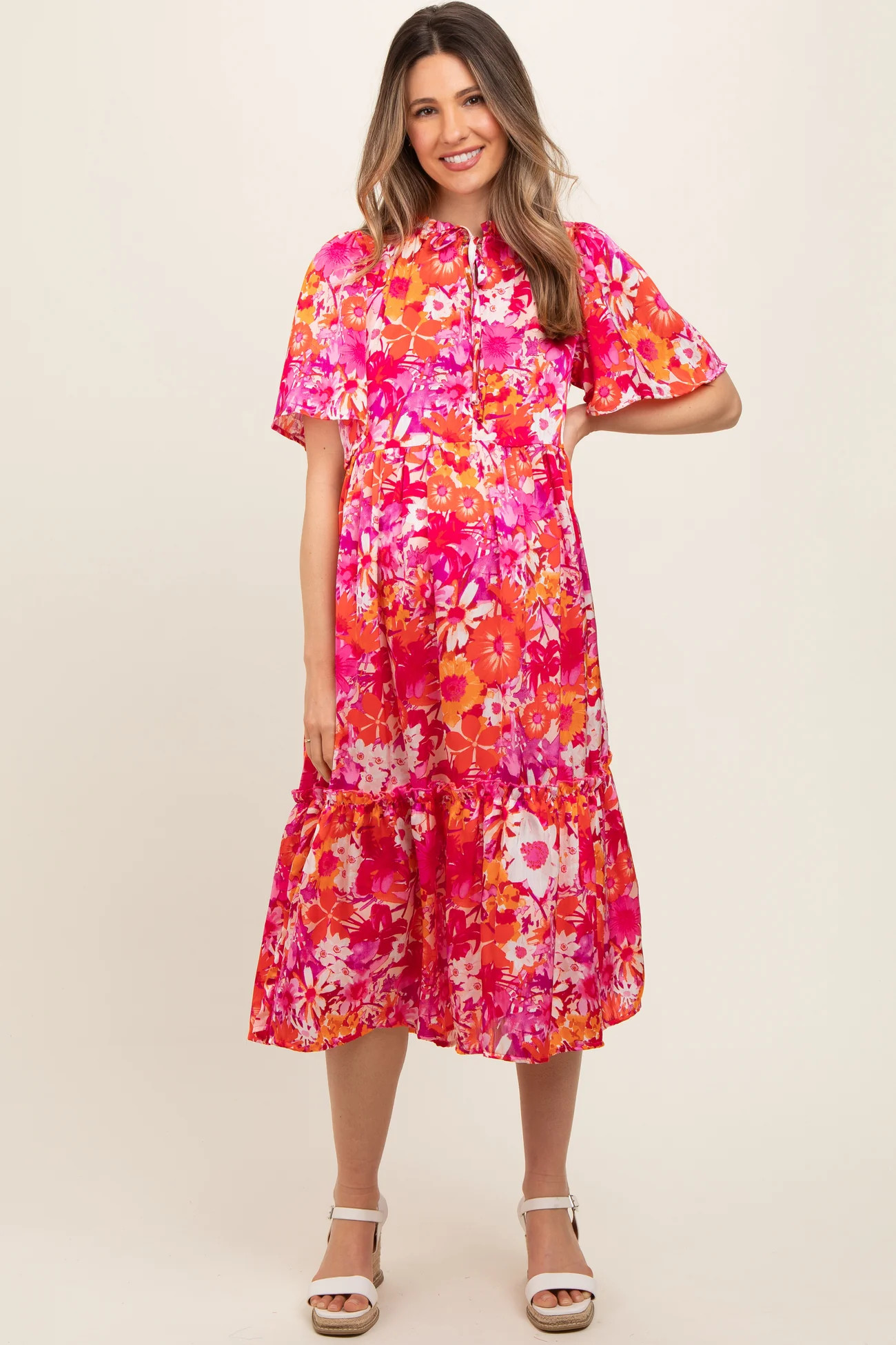 Pink Floral Satin Ruffle Short Flutter Sleeve Maternity Midi Dress | PinkBlush Maternity
