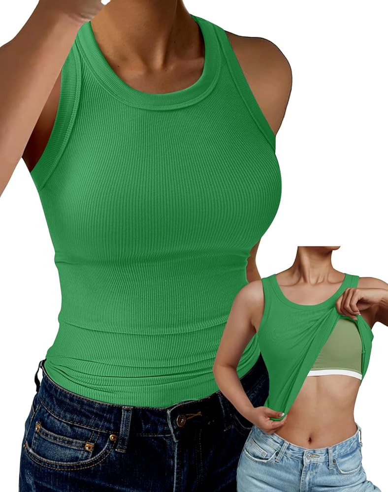 GKBK Tank Top for Women Built in Bra High Neck Ribbed Basics Tops Racerback Fitted Bra Tanks | Amazon (US)