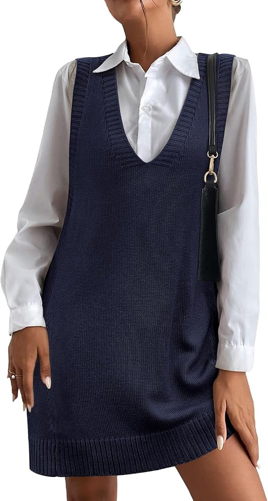 HOTOUCH Women Sweater Vest Oversized V Neck Sleeveless Knit Pullover Ribbed Vest Dress with Pocke... | Amazon (US)