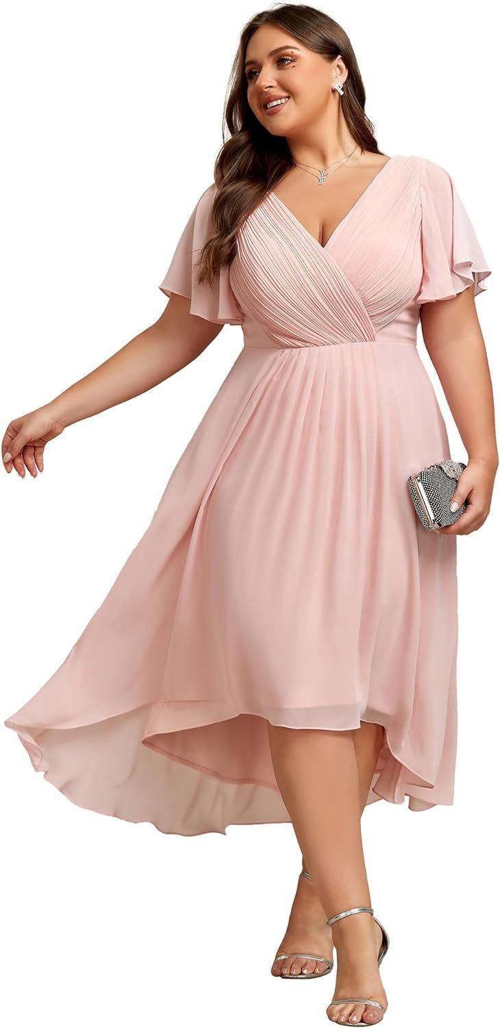 Ever-Pretty Women's A Line Ruched V Neck Short Sleeves Knee Length Plus Size Wedding Guest Dress ... | Amazon (US)