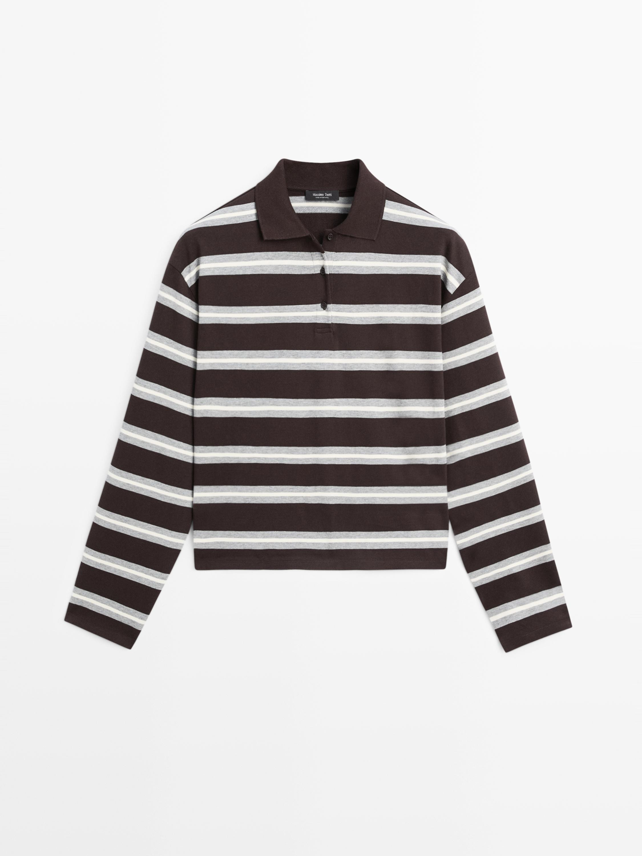 Striped long sleeve cotton polo shirt | Massimo Dutti UK