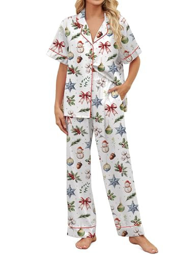 SHESHOW Funny Christmas Pajamas for Women Sets Satin 2 Piece Christmas Pajamas Set White XXL | Amazon (US)