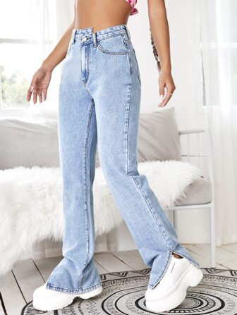 SHEIN EZwear Split Side Zipper Fly Boyfriend Jeans | SHEIN