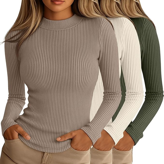 Riyiper 3 Pack Women's Ribbed Shirts, Mock Turtleneck Long Sleeve Tops Slim Fitted Undershirts Ca... | Amazon (US)