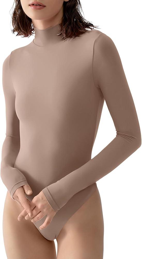 PUMIEY Women's Mock Turtle Neck Long Sleeve Bodysuit Sexy Tops | Amazon (US)