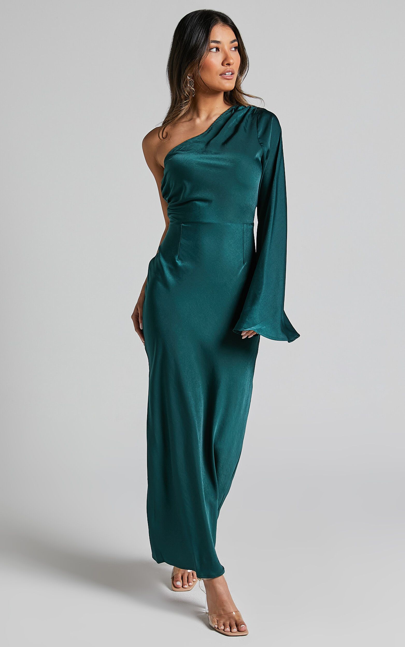 Angieta Maxi Dress - One Shoulder Long Sleeve Slip Dress in Emerald Green | Showpo (US, UK & Europe)