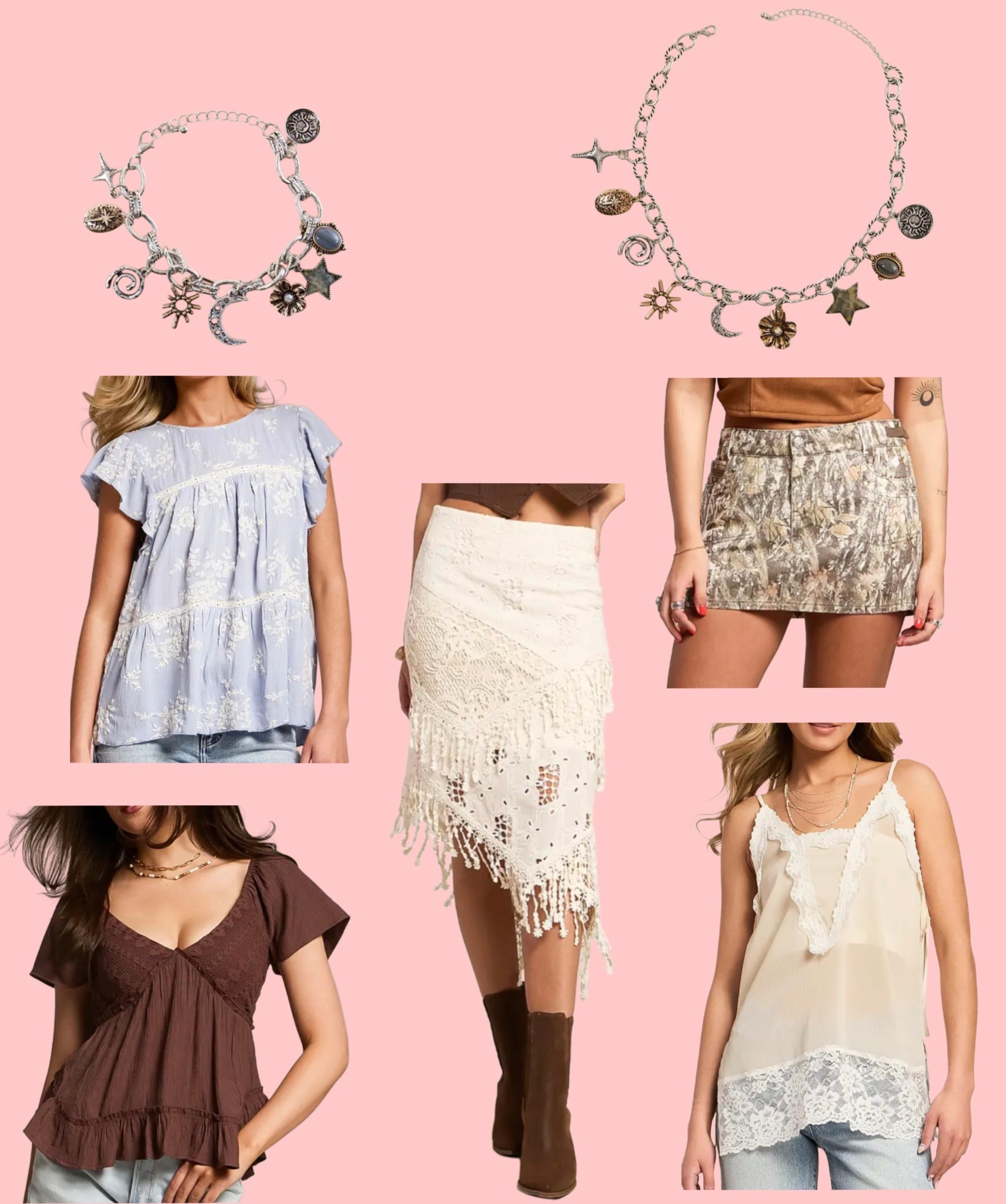 New skirts, tops, and silver charm necklace and bracelet! Love the midi cream crochet skirt 

#LTKFestival #LTKSeasonal