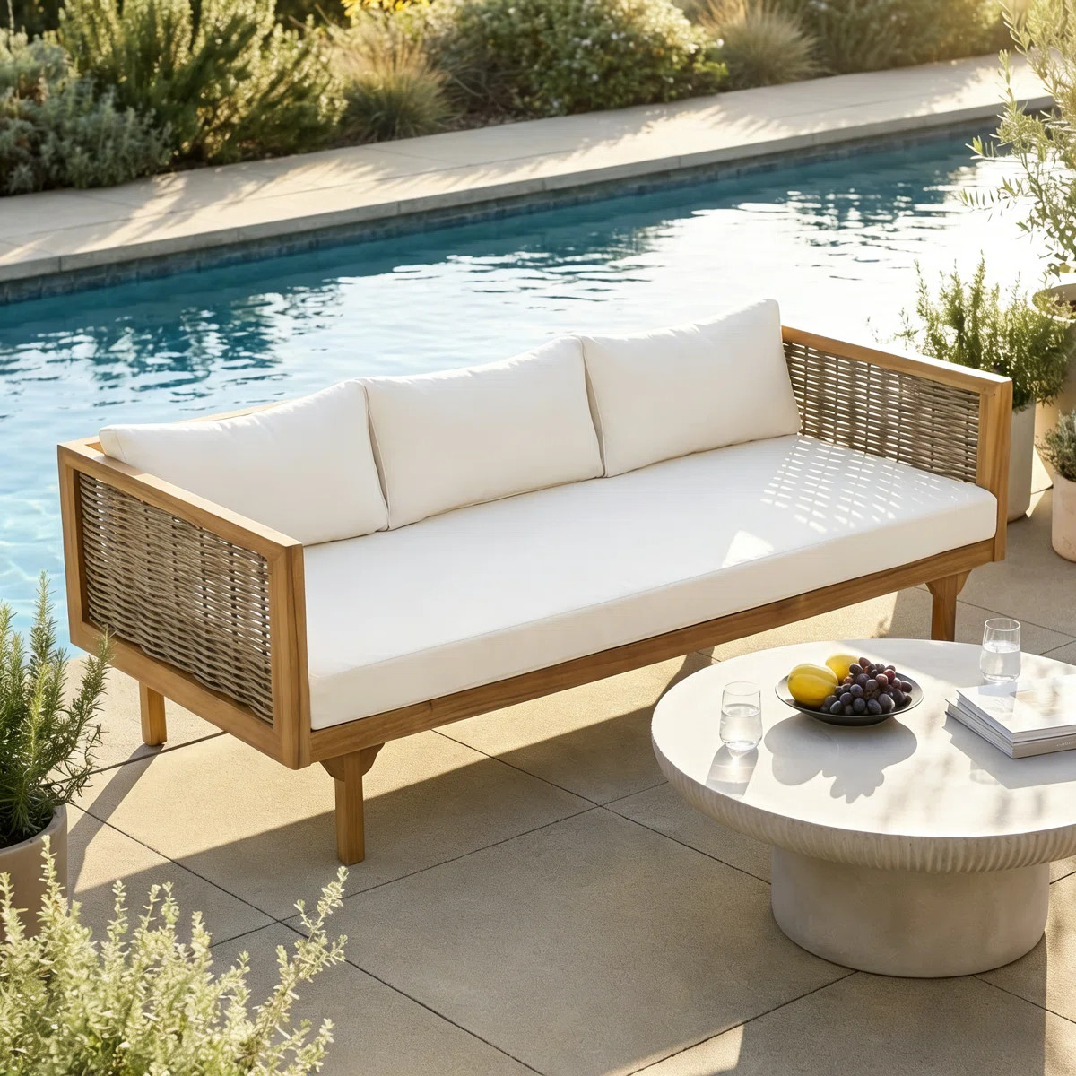 Outdoor Sofa 3 Seater Daybed With Rattan Arms Outdoor Day Bed Patio Sofa | Wayfair North America