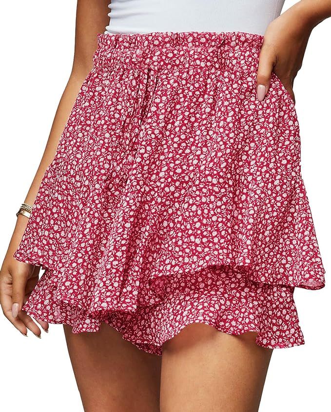 Women's Summer Floral Ruffle Hem Skirt Shorts Elastic High Waist Layered Tiered Boho Mini skorts ... | Amazon (US)