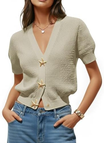 Saodimallsu Womens Puff Short Sleeve Cardigans V Neck Button Down Casual Summer Lightweight Knit ... | Amazon (US)