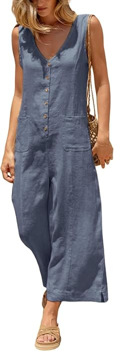 Women Button Down Jumpsuits Cotton Linen Sleeveless Casual Wide Legs Rompers Loose Overall With P... | Amazon (US)