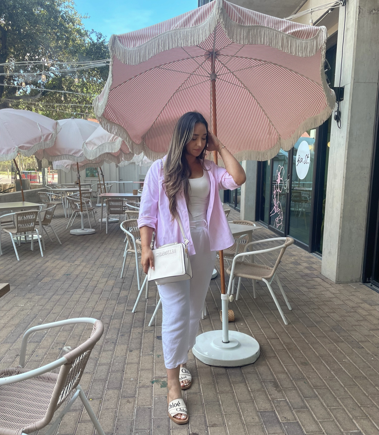 Pink outfit white pants
Chloe sandals Steve Madden handbag pink and white looks

#LTKFind #LTKSeasonal