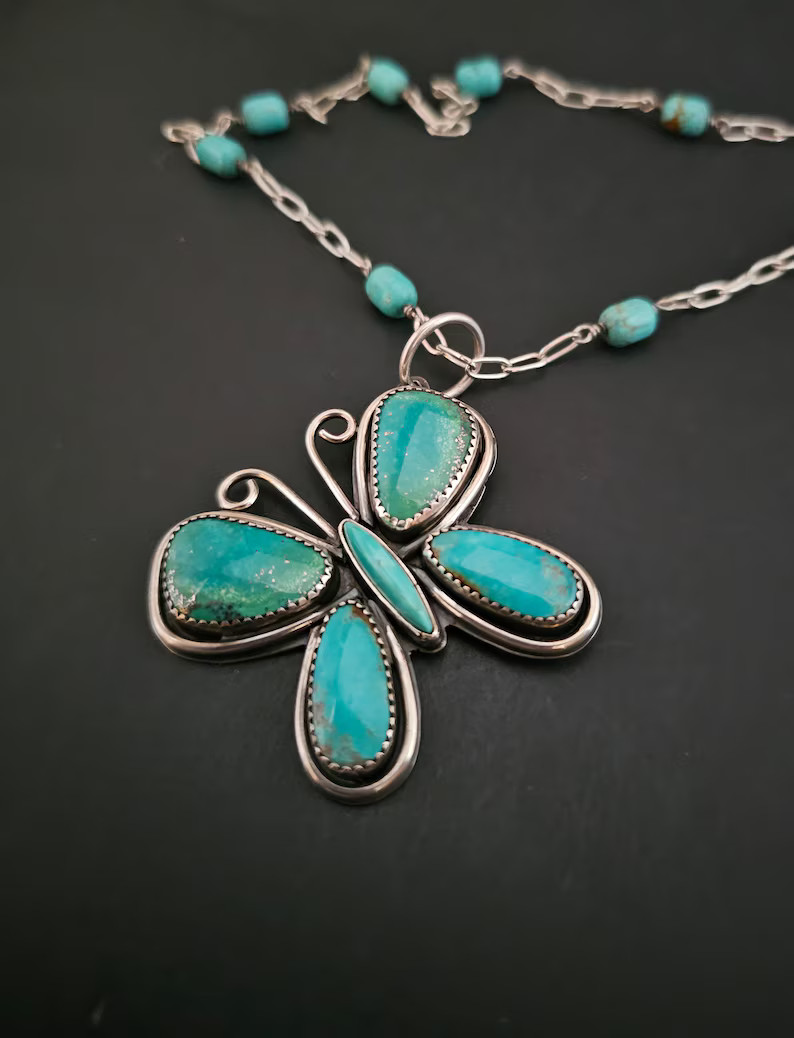Sterling Silver and Turquoise Butterfly Necklace - Etsy | Etsy (US)