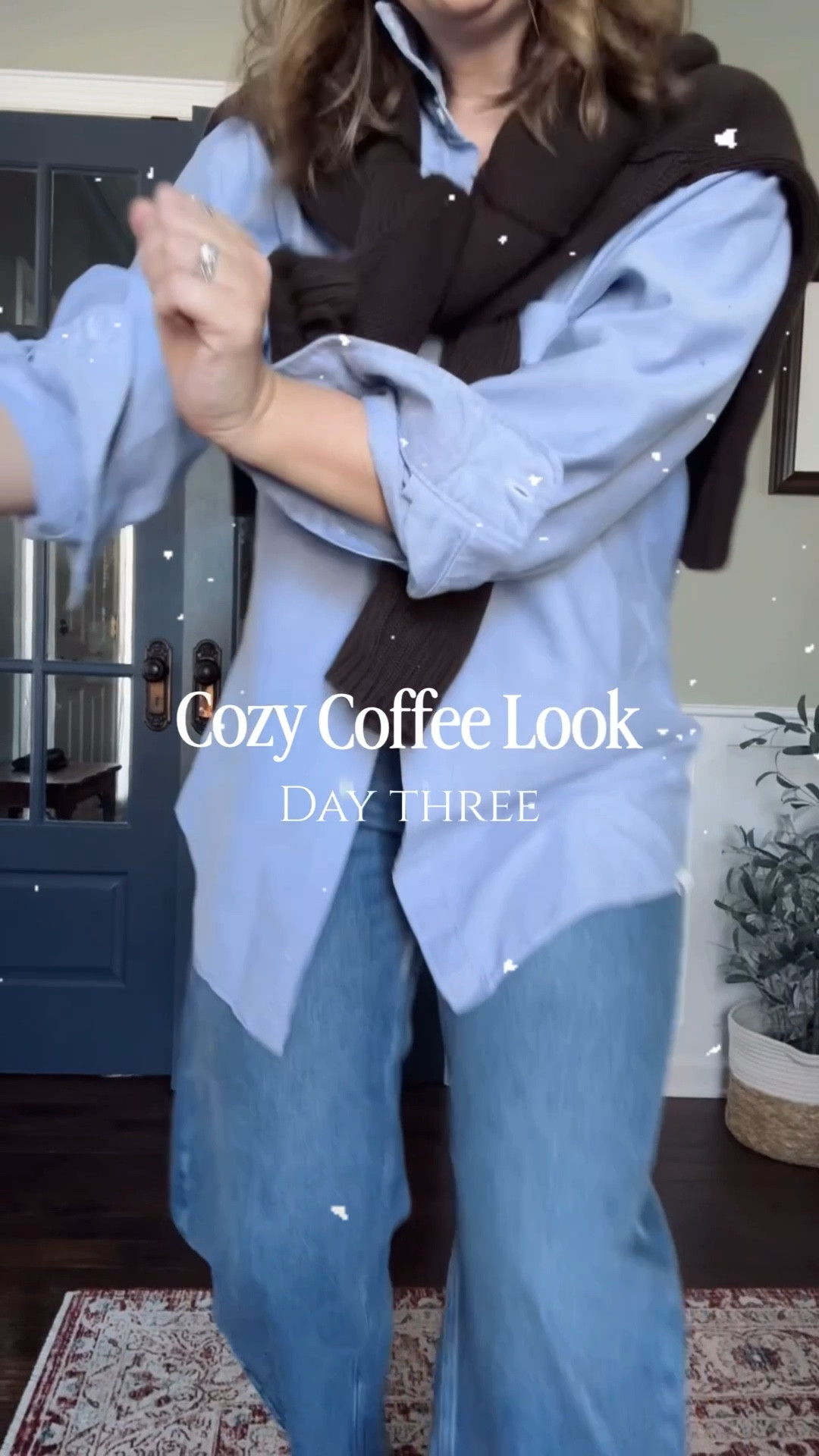 Cozy Coffee Look- Day Three 
(This is to Upside Down on IG - lol) 
Any Stranger Things Fans?! 

Chambray Shirt- Vintage - linking other classics - a closet staple :) 
Chocolate Sweater- Gap- tts or size down - back in stock in a few sizes - i have this one in a few colors 
Jeans- Gap - up a size 
Fringe Loafers- Freda Salvador - sizes 8 and up go up half a size -code Jena10 
Makeup- Merit - Lip color Power

#LTKSeasonal #LTKgrwm #LTKootd