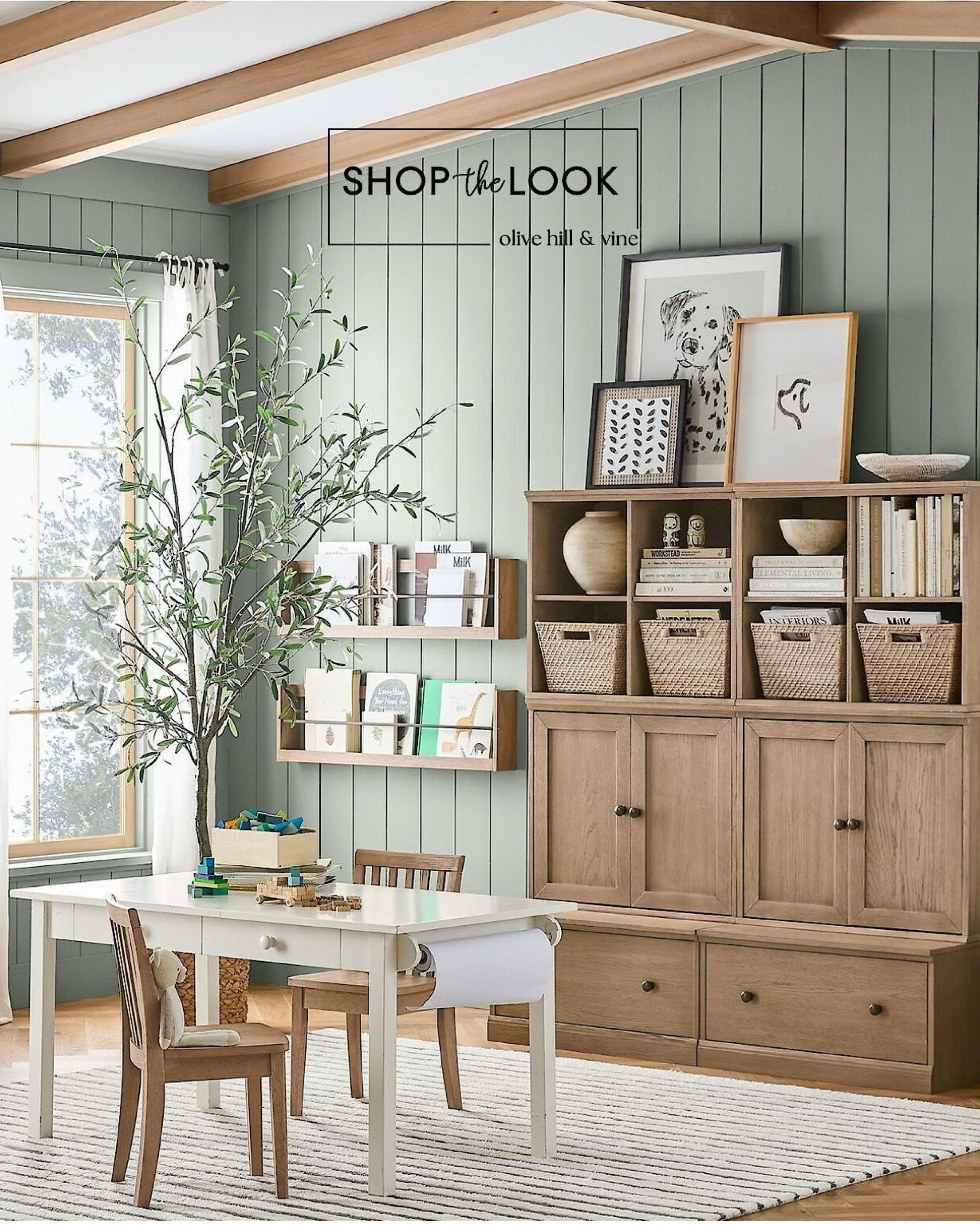 Ready to spark creativity? This chic neutral playroom merges style and function, featuring a table with two drawers for art essentials and a built-in paper roll holder. A build-your-own wall system, Dalmatian sketch artwork, stripe rug, and storage bins complete this space for endless imaginative fun! 

#LTKFamily #LTKHome #LTKKids