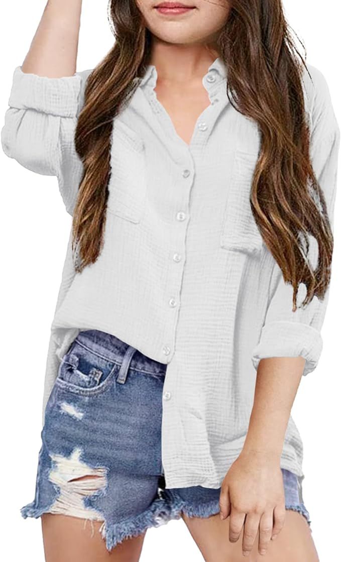 Saudacdn Girls Button Down Shirts Long Roll Up Cuffed Sleeve Collared Blouses Casual Cotton Tops ... | Amazon (US)