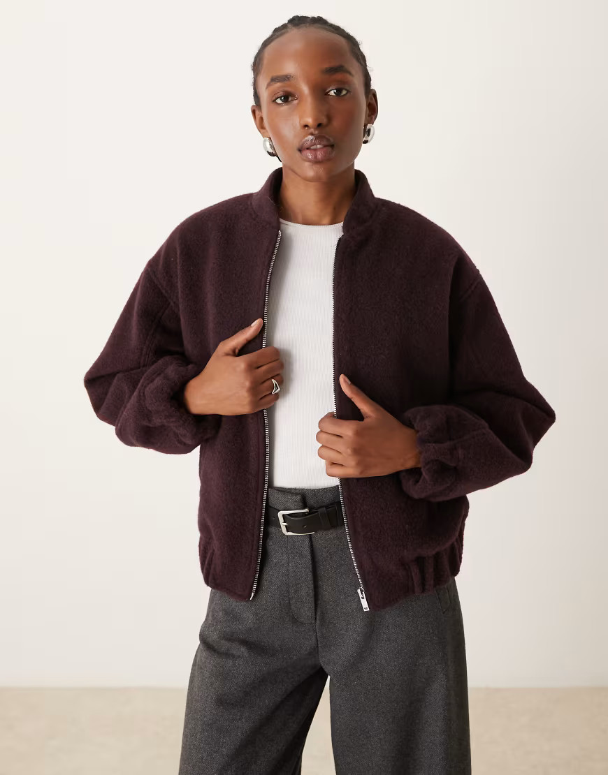 New Look textured oversized bomber jacket in burgundy | ASOS (Global)