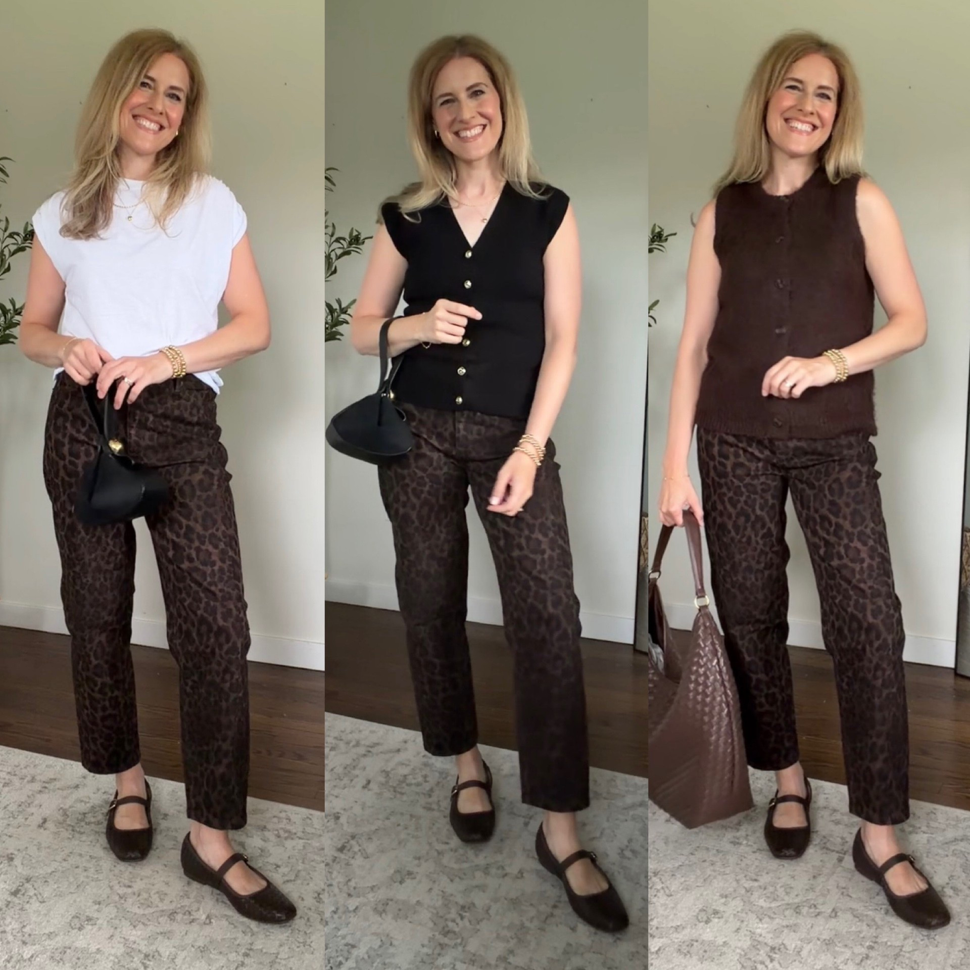 Walmart leopard barrel jeans styled with three different tops. Jeans fit tts. I’m in a 4 because that’s all my store had and they do fit well, but I might prefer the 6 for a more relaxed fit. Size small white tee, size medium black top, size small brown top. #walmartfashion