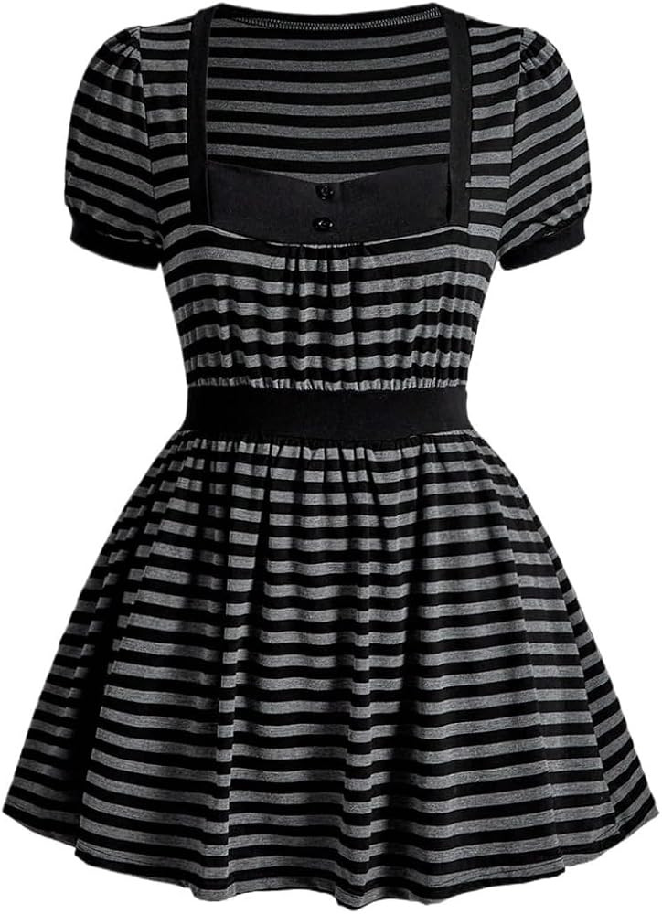 Women's Short Dress Spring/Summer Striped Puff Sleeve A-Line Mini Dress | Amazon (US)