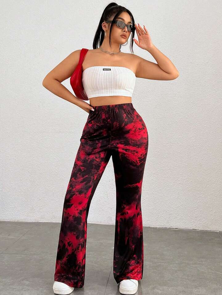 SHEIN Coolane Plus Size Red & Black Tie-dyed Bell Bottom Pants | SHEIN