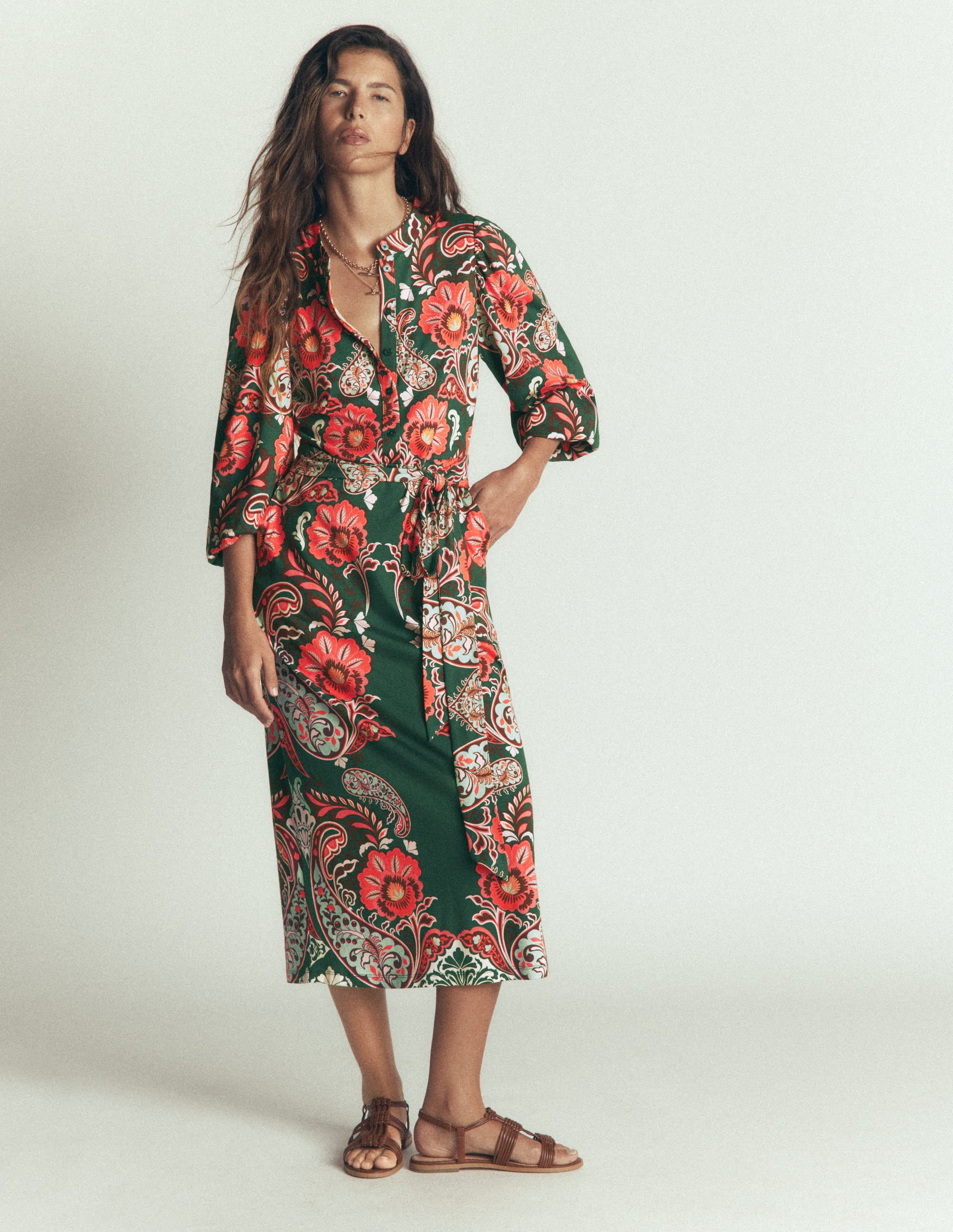 Eli Belted Jersey Midi Dress-Black, Flourishing Medley | Boden (US)