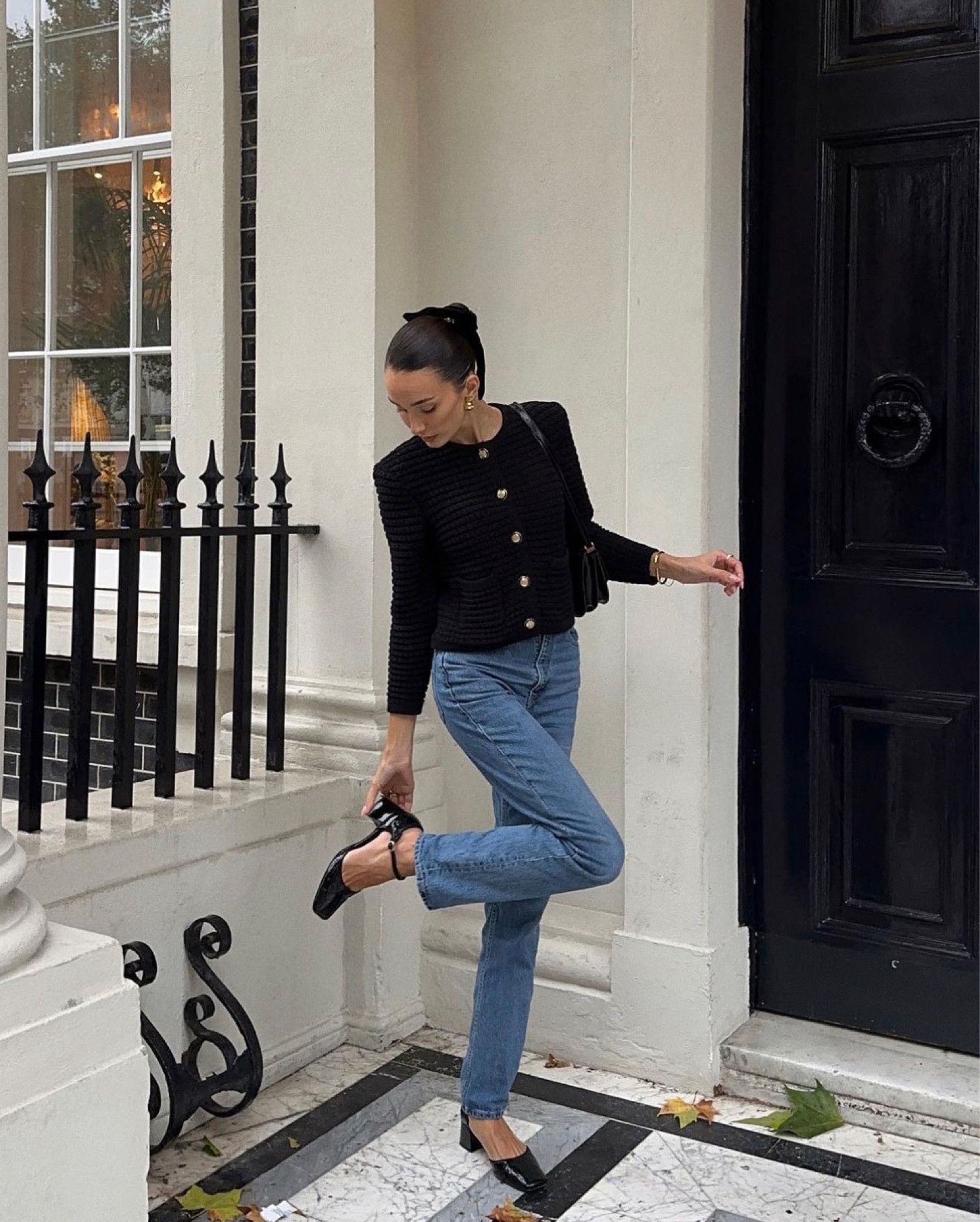 Ba&sh, knitted cardigan, Levis, blue jeans, black Mary Jane heels, ASOS, black and navy outfit, straight leg jeans, smart casual outfit, street style, autumn outfit, transitional style 

#LTKeurope #LTKSeasonal #LTKstyletip