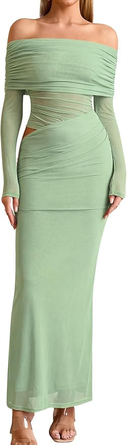 KUTUMAI Women Off Shoulder Long Sleeve Maxi Dress Cutout Mesh Ruched Bodycon Formal Wedding Guest... | Amazon (US)