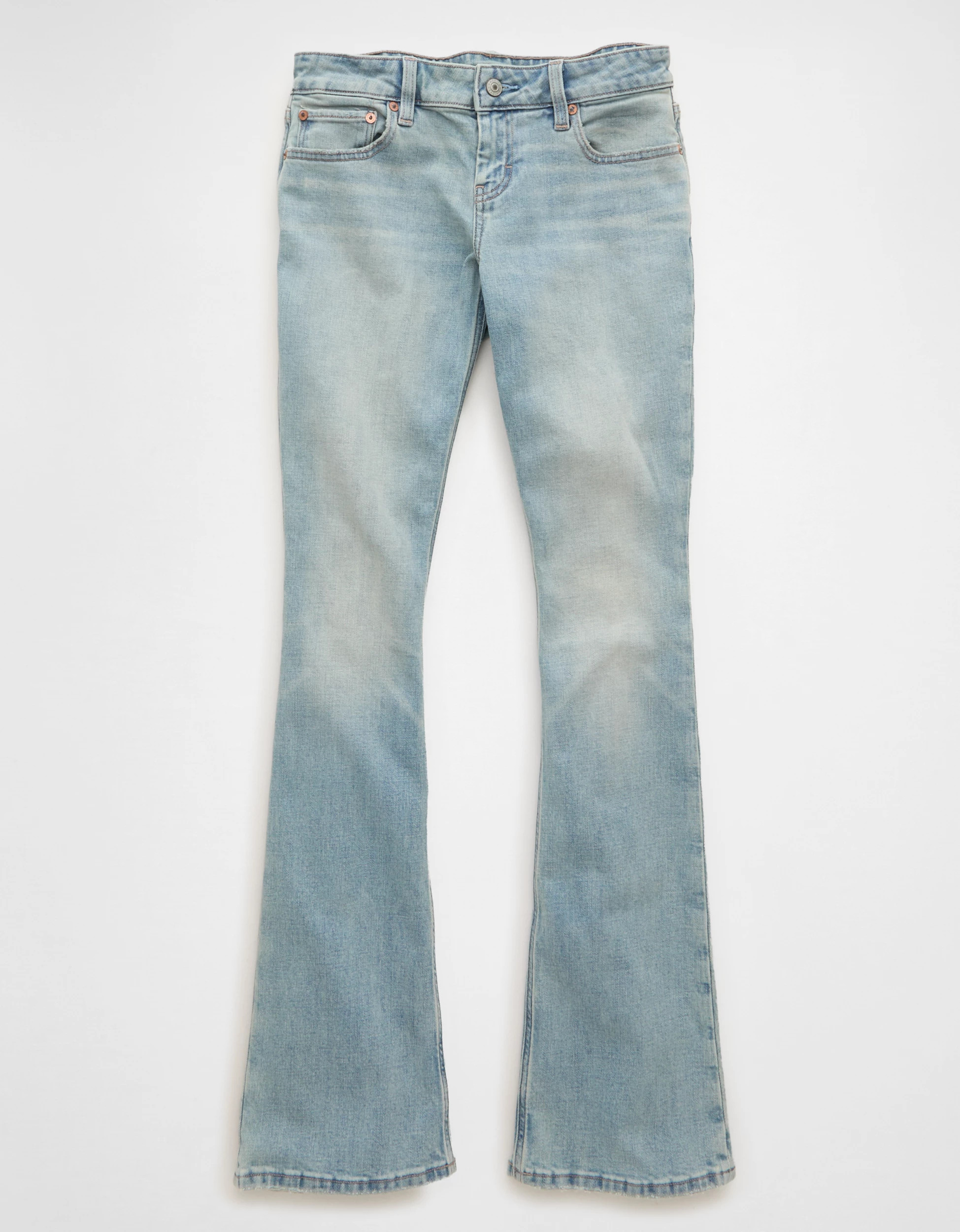 AE Stretch Super Low-Rise Kick Bootcut Jean Women's Light Tinted Wash 000 Regular | American Eagle Outfitters (US & CA)