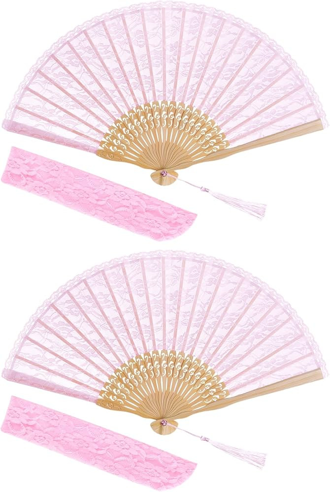 choyaxo 2pcs Pink Lace Folding Fan Handheld Bamboo Hand Fan for Women Wedding Decoration Dancing ... | Amazon (US)